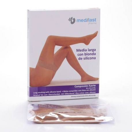 Bas longs en dentelle à forte compression beige, taille L